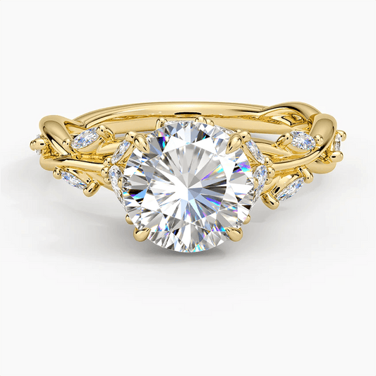 gona- Secret Garden · 2.0 CT Round Lab-Grown Diamond Ring with Vine Leaf Accent Band & Claw Setting Tarnish-Resistant Silver In 14K Yellow Gold Plated · (Includes IGI Certification from International Gemological Institute)