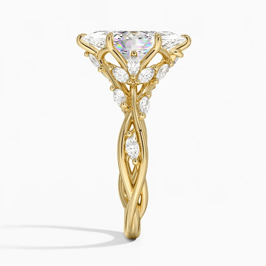 Secret Garden · 2.0 CT Marquise Lab-Grown Diamond Ring with Vine Leaf Accent Band & Claw Setting in Solid 14K Yellow Gold · (Includes IGI Certification from International Gemological Institute)