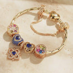 Sterling Silver Amour and Blossom Birthstone Charms Bracelet Set With Enamel In 14K Gold Plated (Includes bracelet and all charms shown)