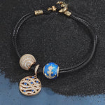 Waves And Anchors Tarnish-resistant Silver Leather Charms Bracelet Set With Enamel In 14K Gold Plated