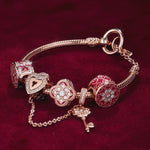 Sterling Silver Key to the Blooming Heart Charms Bracelet Set With Enamel In Rose Gold Plated