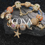 Sterling Silver Marine Ocean Creatures Curated Charm Bracelet Set in 14K Gold Plating (Includes Bracelet And All Charms Shown)