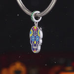 Sterling Silver Skull and Colorful Rose Dangle Charms With Enamel In White Gold Plated