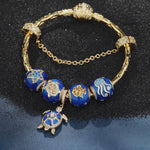 Sterling Silver Marine Animal Charms Bracelet Set With Enamel In 14K Gold Plated