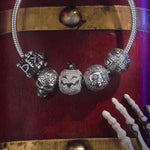 Sterling Silver Halloween Castle Charms Bracelet Set With Enamel In White Gold Plated