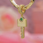 Personalized Engravable Emerald Solitaire Key Tarnish-Resistant Silver Charm In 14K Gold Plated