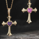 Sterling Silver Cross Necklace with Heart Shaped Purple Sapphire In 14K Gold Plated (Includes GRC Certification from Gemstone Research Center)