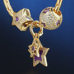 Sterling Silver Purple Star Charms Bracelet Set With Enamel In 14K Gold Plated