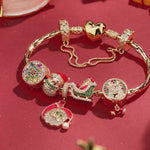 Sterling Silver Santa's Festive Frolic Charms Bracelet Set With Enamel In 14K Gold Plated