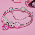 Sterling Silver Pink Mood Charms Bracelet Set With Enamel In White Gold Plated