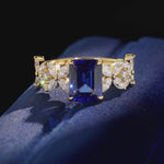 Lab-Grown Emerald-Cut Blue Sapphire - Pave Classic Engagement Ring 14K Yellow Gold Plated (Includes GRC Certification from International Gemological Institute)