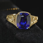 11*9mm Cushion Modified Brilliant Cut Royal Blue Hue Lab-Certified Blue Sapphire - Pave Classic Engagement Ring 14K Yellow Gold Plated (Includes GRC Certification from Gemstone Research Center)
