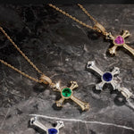 Sterling Silver Cross Necklace with Sapphire In White Gold Plated (Includes GRC Certification from Gemstone Research Center)