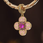 Ornate Pink Enamel Clover Tarnish-Resistant Silver Dangle Charm In 14K Gold Plated