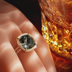 Created With Swarovski® Crystals - Cushion Modified Brilliant Cut Black Diamond Color Halo Classic Engagement Ring 14K Yellow Gold Plated