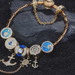 Sterling Silver Anchored in Ocean Serenity Charms Bracelet Set With Enamel In 14K Gold Plated
