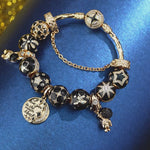 Sterling Silver Astronauts and Stars Bamboo Chain Charms Bracelet Set With Enamel In 14K Gold Plated