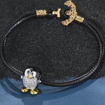 Sterling Silver Happy Penguin Leather Charms Bracelet Set With Enamel In Two-Tone Plating