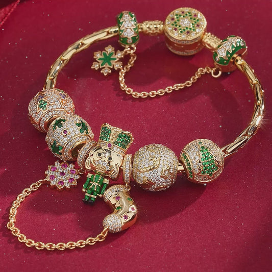 gona- Sterling Silver Emerald Christmas Sentinel Charms Bracelet Set With Enamel In 14K Gold Plated (Includes bracelet and all charms shown)