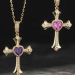 Sterling Silver Cross Necklace with Heart Shaped Pink Sapphire In 14K Gold Plated (Includes GRC Certification from Gemstone Research Center)