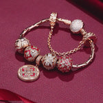 Sterling Silver Monaco Red Clover Charms Bracelet Set With Enamel In Rose Gold Plated (Includes bracelet and all charms shown)