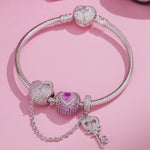 Sterling Silver Romantic Love Charms Bracelet Set With Enamel In White Gold Plated