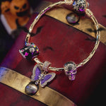 Sterling Silver Butterfly and Skull Charms Bracelet Set With Enamel In 14K Gold Plated