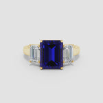 Emerald-Cut Royal Blue Hue Lab-Certified Blue Sapphire - Three Stone Classic Engagement Ring 14K Yellow Gold Plated (Includes GRC Certification from Gemstone Research Center)