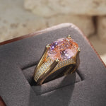 14*10mm Oval Modified Brilliant Cut Padparadscha Sunset Glow Ice-Frosted Sparkle Lab Zircon - Pave Classic Engagement Ring 14K Yellow Gold Plated