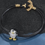Sterling Silver Happy Penguin Leather Charms Bracelet Set With Enamel In Two-Tone Plating (Includes bracelet and all charms shown)