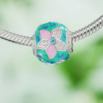 Sterling Silver Blooming Flowers Charms With Enamel In White Gold Plated