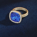 Created With Swarovski® Crystals - Cushion Modified Brilliant Cut Sapphire Color Halo Classic Engagement Ring 14K Yellow Gold Plated