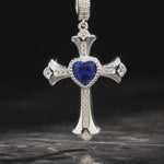 Sterling Silver Cross Necklace with Heart Shaped Sapphire In White Gold Plated (Includes GRC Certification from Gemstone Research Center)