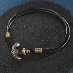 Black Leather Tarnish-resistant Silver Anchor Bracelet In 14K Gold Plated