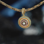 Tropical Mandala Dangle Circular Charm With Multi‑Layer Multi‑Color Pavé Gemstones & Freshwater Pearl in Tarnish‑Resistant Silver
