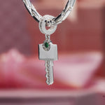 Personalized Engravable Emerald Solitaire Key Tarnish-Resistant Silver Charm In White Gold Plated