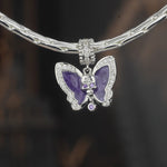 Sterling Silver Skull And Purple Butterfly Dangle Charms With Enamel In White Gold Plated