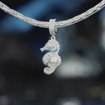 Seahorse Pearl Dangle Charm, Blue Enamel & Paved Crystal Design Bead in Tarnish-Resistant Silver