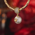 Golden Clover Pearl Dangle Charm in 14K Gold Plated Tarnish-Resistant Silver — Handcrafted with Swarovski®Crystals