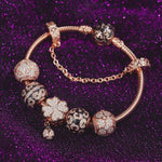 Lucky Four-Leaf Clover Tarnish-resistant Silver Charms Bracelet Set With Enamel In Rose Gold Plated