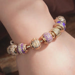 Sterling Silver Purple Petals of Destiny Charms Bracelet Set With Enamel In 14K Gold Plated