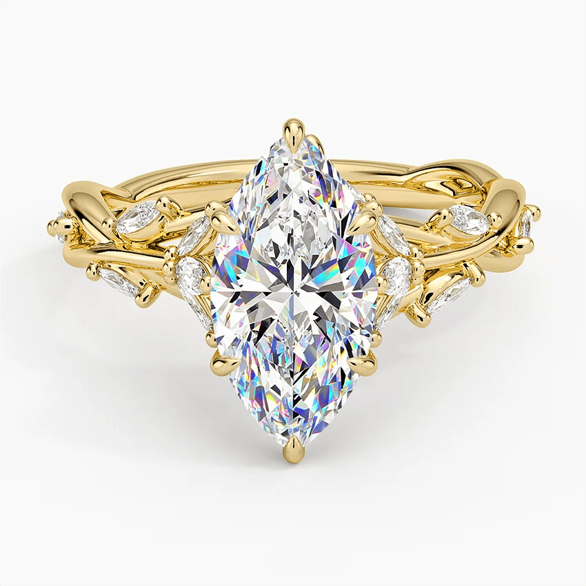 Secret Garden · 2.0 CT Marquise Lab-Grown Diamond Ring with Vine Leaf Accent Band & Claw Setting in Solid 14K Yellow Gold · (Includes IGI Certification from International Gemological Institute)