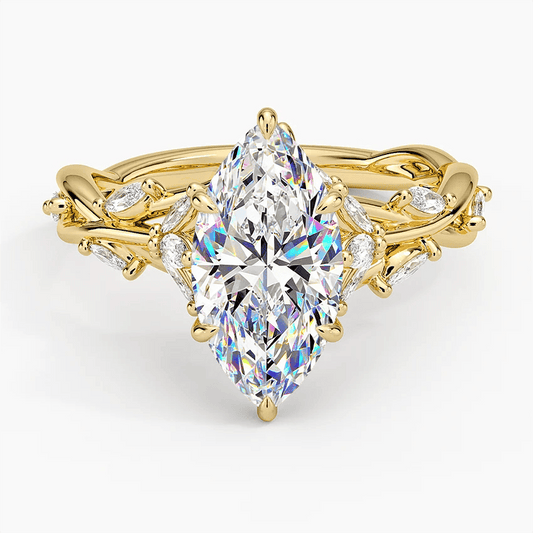 gona- Secret Garden · 2.0 CT Marquise Lab-Grown Diamond Ring with Vine Leaf Accent Band & Claw Setting Tarnish-Resistant Silver In 14K Yellow Gold Plated · (Includes IGI Certification from International Gemological Institute)