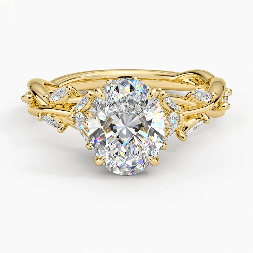 Secret Garden · 2.0 CT Oval Lab-Grown Diamond Ring with Vine Leaf Accent Band & Claw Setting Tarnish-Resistant Silver In 14K Yellow Gold Plated · (Includes IGI Certification from International Gemological Institute)