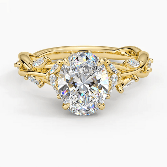 gona- Secret Garden · 2.0 CT Oval Lab-Grown Diamond Ring with Vine Leaf Accent Band & Claw Setting Tarnish-Resistant Silver In 14K Yellow Gold Plated · (Includes IGI Certification from International Gemological Institute)