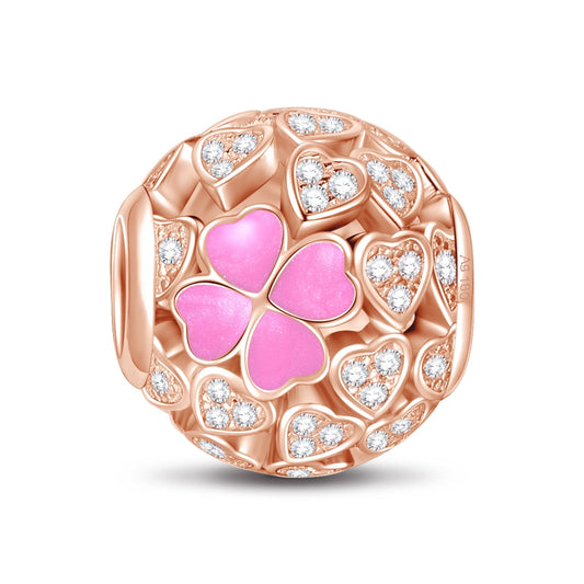 gon- Pink Lucky Clover Tarnish-resistant Silver Charms With Enamel In Rose Gold Plated