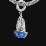 Sterling Silver Blue Sailboat Dangle Charms With Enamel In White Gold Plated