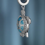 Sterling Silver Blue Turtle Dangle Charms With Enamel In White Gold Plated