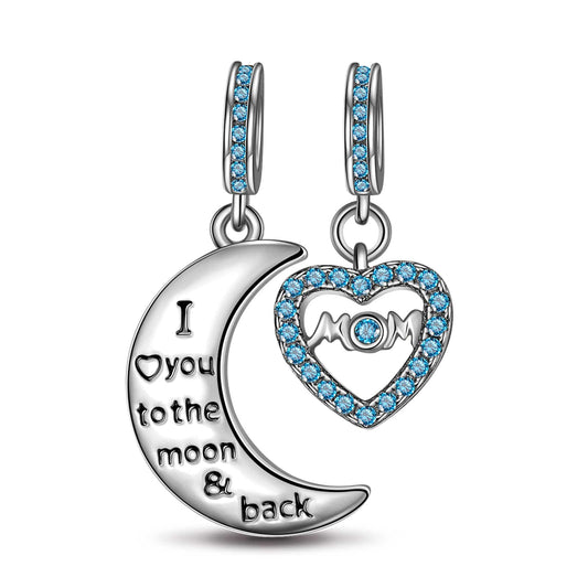 gon- Sterling Silver Moon & Love To Mom Blue Charms With Enamel In White Gold Plated