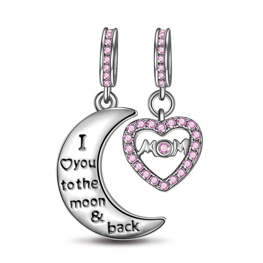 gon- Sterling Silver Moon & Love To Mom Pink Charms With Enamel In White Gold Plated